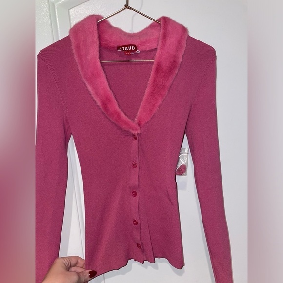 New! STAUD 💗 Celina Faux Fur Collar Rib Knit Top In Lollipop 💗 XS! SALE! - Picture 11 of 14
